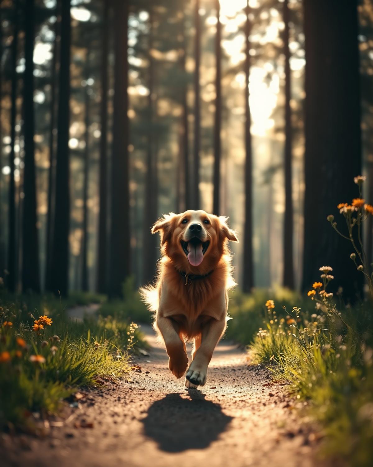 Golden retriever running along a forest trail